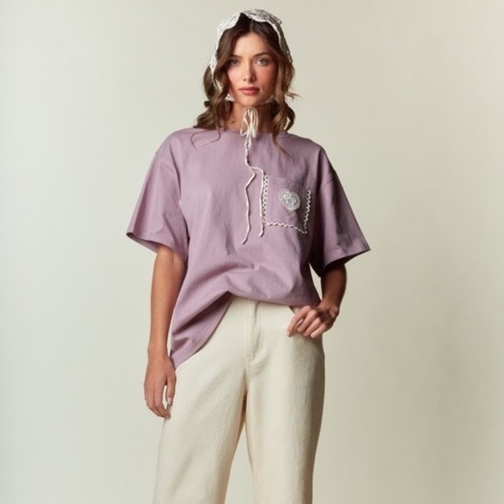 307.New Rareraw Mauve Purple Heart and Bow Patch T-Shirt Oversized Embroidered